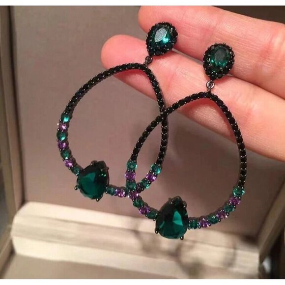 Teardrop Black & Green Crystal Statement Earrings With Purple Accents For Women - Picture 1 of 4